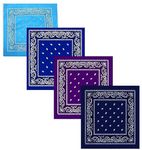 Aadikart 100% Cotton Paisley Printed Novelty Cowboy Bandana Handkerchiefs Multi-purpose For Men and Women Pack of 4 (Sky Blue Royal Blue Purple Navy)