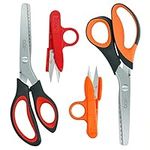 CCR Pinking Shears Serrated,Zigzag Scissors with Comfort Grip for Cutting Fabric,4 Pieces, Toothed and Wavy Tooth Edges with Thread Scissors,Orange/Black,Red/Black,9.5/9.1Inch