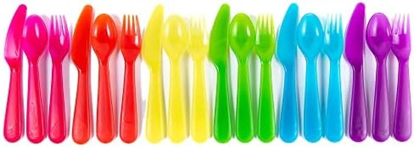 Cuddly Hippo Kids Plastic Dinnerware Set of 18 Multi Color Flatware (Spoons, Forks and Knives) - Reusable, BPA-Free, Dishwasher Safe and Microwaveable