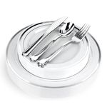 Fancy Disposable Plates with Cutlery - 125 Piece Silver Plastic Party Plates and Silverware for Weddings, Receptions, Buffets - Service for 25 Guests Disposable Plates for Party (Silver Rim)