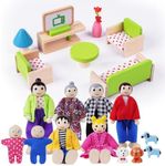 HOTUT Wooden Family Dolls Set, Wooden Dollhouse Furniture Set With 8 People/4 Dogs, Miniature Dollhouse Wood Furniture Accessories, Lovely Happy Family Dolls Playset for Dolls House Accessories