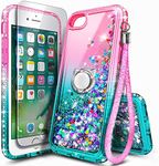 NGB Supremacy Compatible for iPhone 5/5S/iPhone SE (2016 Edition) Case with Tempered Glass Screen Protector, Ring Holder/Wrist Strap, Girls Women Kids Sparkle Glitter Liquid Cute Case (Pink/Aqua)