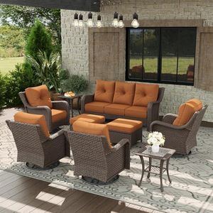 Aeeiua 9 Piece Patio Furniture Set, All-Weather Wicker Outdoor Conversation Set with Swivel Rocking Chair and 6 Inch Thick Cushions