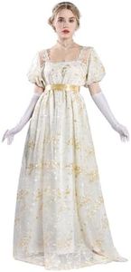FCCAM Robe Regency Jane Austen pour femme - Longue robe vintage - Robe de bal victorienne avec gants - Taille empire, Or 1104, XL
