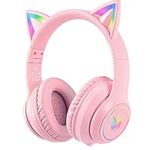 Bluetooth Kids Headphones with Microphone, Cat Ear LED Light Up and 85dB Volume Limiting Toddlers Study Headphones, Wireless Foldable HI-FI Sound Over-Ear School Headphones for iPhone/iPad/Laptop/PC