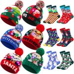 JaGely 12 Pcs Christmas Hat Light up LED Xmas Beanie Knit Cap Christmas Socks Holiday Socks Unisex LED Winter Snow Hat (Cute Style)