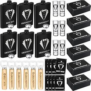 Yaomiao 30 Pcs Groomsmen Gift Wedding Gift, Including 6 Pcs 8 oz Groomsmen Flask 6 Wooden Bottle Opener 6 Party Favors Shot Glasses 6 Groomsmen Gift Boxes Empty 6 Proposal Cards Best Man Gift