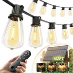 addlon 102FT(96+6) Solar String Lights Waterproof, Patio Light Solar Powered with Remote & USB Port 3 Modes, 30+2 LED Shatterproof Bulbs Outdoor Lighting for Camping Backyard Garden