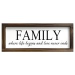 Kas Home Family Wall Art, Where Life Begins Love Never Ends Inspirational Words Wall Decor Wood Framed Quotes Family Sign Plaque Hanging Pictures for Living Room Bedroom (5.5"x16.5", Black-F)