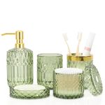 Premium Green Glass Bathroom Accessories Set (5PCS), Glass Soap Dispenser Set with Rust Proof Stainless Steel Pump, Elegant Modern Bathroom Decor Set, Gift for Valentines Day, Birthday or Housewarming