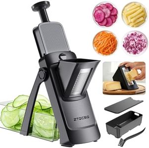 ZTQCSQ [7 in 1 ] Vegetable Slicer for Kitchen, Safe Mandoline Slicer, Adjustable Veggie Potato French Fry Cutter, Wider Tray & Stainless Steel Grater & Filter Basket & Lid & Cleaning Brush (Black Pro)