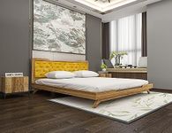 SABTA Craft Solid Teak Wood Low Height King Size Bed Without Storage | Sagwan Wood Double Bed | Wooden Low Floor/Lying/Rise/Level/Profile Cot with Cushioned Headboard | Teak Finish & Yellow Cushion