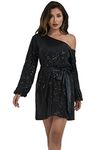 ANNA-KACI Women Batwing Sleeve Sequin Party Dress Glitter Cocktail Club Dress, Black, Medium