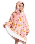 Kids Oversized Blanket Hoodie with Big Front Pockets, Flannel and Cotton Wool Warm Cozy Hug Boy Girl, Fuzzy Fleece Wearable Sweatshirt Blankets for Teenagers 7-12Years Corgi