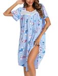 ENJOYNIGHT Women's House Dress Cotton Nightgown Short Sleeve Mumu Lounge Dress(X-Large,BL-Line)