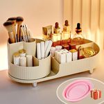 BULLA Makeup Organiser, 360 Rotating Makeup Organiser, Rotating Compartment 2 In 1 Cosmetic Storage, Makeup Organizer Storage Is Perfect for Dresser, Bathroom, Bedroom (Milky White)