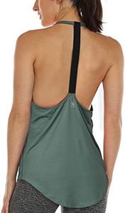 icyzone Workout Tank Tops for Women - Athletic Yoga Tops, T-Back Running Tank Top (S, Smoke Pine)