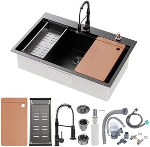 33 x 22 inch Kitchen Sink, Single Bowl Stainless Steel Sink Multifunctional Drop In Sink with Pull-Down Faucet and Multiple Accessories (black grey, 33 * 22 inch)