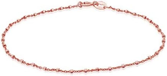 Sea of Ice Rose Gold Flashed Sterling Silver 1mm Diamond-Cut Alternate Bead Rolo Chain Anklet, Size 10"