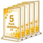 WIIGO A5 Acrylic Sign Holder with Gold Borders, Double Sided Table Menu Display Stand Wedding Table Numbers Sign Holder for Wedding, Restaurant Signs, Photo Frames, Flyer, Ads Display Etc-5 Pack