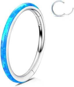 WBRWP 316L Surgical-Steel Hinged Nose Rings Hoop with Blue Opal 20G(0.8mm) Women Septum Clicker Helix Cartilage Hoop Body Piercing Jewelry 8mm Diameter, Bright Silver
