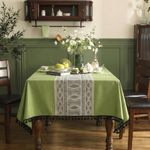 RUSTIQUE LINENS 100% Cotton Printed Table Cloth with Tassles for 8 Seater – Water & Stain Resistant Dining Table Cover – Heavyweight, Washable – Sage Tassel (231 x 150 CM)