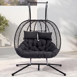 DAYAOUTDOOR Double Egg Chair with Stand for 2 Persons, Oversized Patio Hanging Basket Chair, Honeycomb Wicker Swing Chair with Thick Cushions & Headrests, 800LBS Heavy Duty Indoor Outdoor, Dark Grey