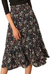 Allegra K Women's Printed Elastic Waist Tiered Ruffle Hem Flowy Midi Skirt Black-Floral Medium