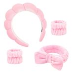 Spa Headbands for Washing Face, 4Pcs Headband for Women Makeup, Skincare Headbands Remover Spa Headband Bow Tie Headband Wristband Set Hair Accessories(Pink)