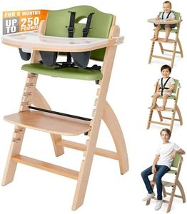 Abiie Beyond Junior Wooden High Chair for Babies and Toddlers - Convertible 3-in-1 Baby Highchair with Removable Tray - 6 Months to 250 Lb - Water Resistant - Natural Wood/Olive Cushion