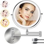 ZLOKLA Rechargeable 8 inch Round Wall Mounted Lighted Makeup Mirror 1X/10X Magnifying LED with 3 Color Lights Touch Screen Dimmable 360° Swivel Extendable Bathroom Mirror Shaving Mirror