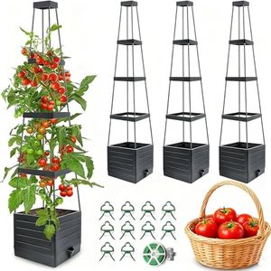 MYMULIKE Raised Garden Bed 4 Packs, Planter Boxes with Trellis 58.3'' Tomato Planters for Climbing Vine Vegetables Flowers Plants Self Watering Tomatoes Cage for Outdoor Patio Greenhouse