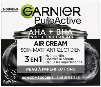 Garnier Pure Active Air Cream - Trattamento opacizzante quotidiano - Arricchito con AHA + BHA & Carbone - Idrata 48 ore e Matifie 12 ore - Pelle mista a grassa alla tendenza acneica - 50 ml