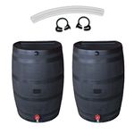 RTS Home Accents 100% Recycled Polyethylene 50 Gallon Flat Back Rain Barrel with Link Kit, Black (2 Pack)