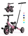 besrey 7-in-1 Toddler Tricycle with 5-Height Parent Steering Push Handle for 1-5 Years Old, Foldable Kids Trike, Bike with Wheel Clutch, Larger Wheels, Removable Pedals, Height Adjustable Seat, Pink