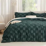 Bedsure Twin/Twin XL Comforter Set Emerald, Boho Tufted Bedding Comforter Set, Checkered Farmhouse Shabby Chic Bed Set, 2 Pieces, 1 Plaid Geometric Comforter and 1 Pillow Sham