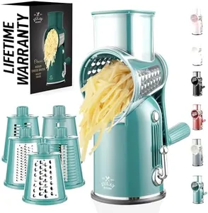 Zulay Kitchen Rotary Cheese Grater 5 Blade Cheese Shredder - Manual Hand Crank Cheese Grater With Reinforced Suction & 5 Interchangeable Drums - Easy to Use, Vegetable Chopper Round Mandoline Slicer