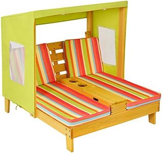 COSTWAY Kids Double Chaise Lounge Outdoor, 2-Seat Patio Lounge Chair with Cup Holders & Cushions, Kids Beach Chair with Canopy, Wood Patio Furniture for Children Boys Girls 3-8 Year Old