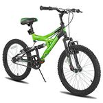 JOYSTAR Contender 20 Inch Full Dual-Suspension Mountain Bike for Kids Featuring Children Bicycles Steel Frame and 1-Speed Drivetrain with 20-Inch Wheels Kickstand Included Green