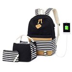 Women Backpack Laptop Fashion Travel USB Charging Bag for Teenager Girls College Student School Canvas Rucksack Casual Daypack Fit 15.6 Inch Notebook Striped Small (6-Black)