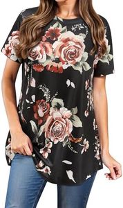 Ezcosplay Womens Tunic Tops Short Sleeve Summer Floral Print Casual Asymmetric Hem Tunic Shirts to Wear with Leggings