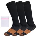 360 RELIEF 3 Pairs Copper Infused Compression Socks - for Men and Women Supports | Varicose Veins, Achy Feet Blood Circulation, Travel, Running, Pregnancy | L/XL, Black with Mesh Laundry Bag |