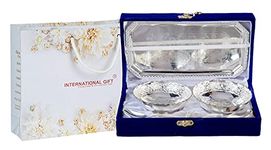 INTERNATIONAL GIFT German Silver Brass Round Bowl Set with Tray and Spoon with Royal Royal Luxury Velvet Box Used for Dry Fruit, Sweets and Home Decor