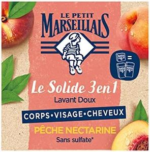 Le Petit Marseillais - Le Solide 3 en 1 Lavant Doux Pêche Nectarine – Savon solide pour le corps, le visage et les cheveux – Savon sans sulfate équivalent à 2 flacons de gel douche