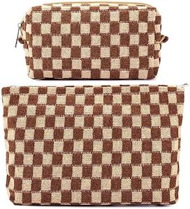 ZLFSRQ 2Pcs Checkered Makeup Bag for Women Large and Small Capacity Brown Cosmetic Bag Set Travel Makeup Pouch for Purse Zipper Toiletry Organizer Cute Y2K Aesthetic Girls Makeup Brushes Storage Bag