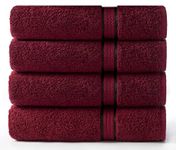 COTTON CRAFT -Ultra Soft 4 Pack Bath Towels -76x137 - Burgundy- 100% Pure Ringspun Cotton - Luxurious Rayon trim - Ideal for everyday use - Easy care machine wash