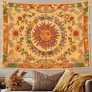 Accnicc Yellow Sun and Moon Tapestry Vintage Indie Boho Tapestry Wall Hanging with Sunflowers Butterfly Moth Constellation Aesthetic Wall Tapestries for Bedroom Dorm Living Room (Orange, 50'' × 60'')