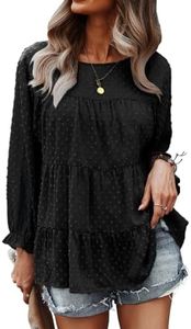 PRETTYGARDEN Women's Summer Loose Chiffon Blouse Mesh Long Sleeve Casual Round Neck Peplum Tops, Black, Medium