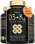 Vitamin D3 K2 Capsules - High Strength Vitamin D Tablets - 4000 IU Vitamin D & 100mcg VIT K MK7- UK Made Vegetarian D3 and K2 Vitamin Supplement for Strong Bones, Teeth, Immune System - 120 Capsules