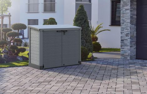 Duramax Cedargrain 1200L Plastic Garden Storage Shed – Grey, Flat Lid, Fits 2x 240L Bins, 145x85x125cm